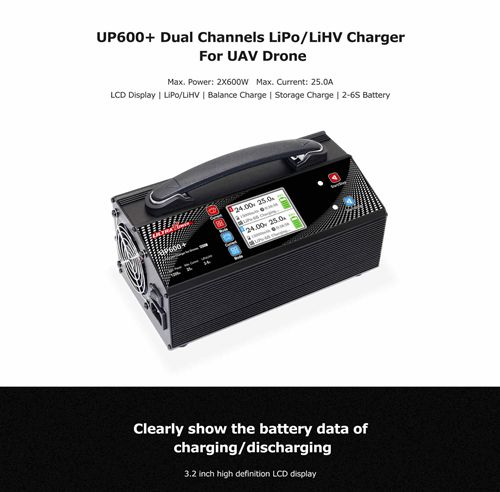 Ultra Power UP600+ Dual Channels 2-6S 2x600W LiPo LiHV Charger for RC UAV Drone Model