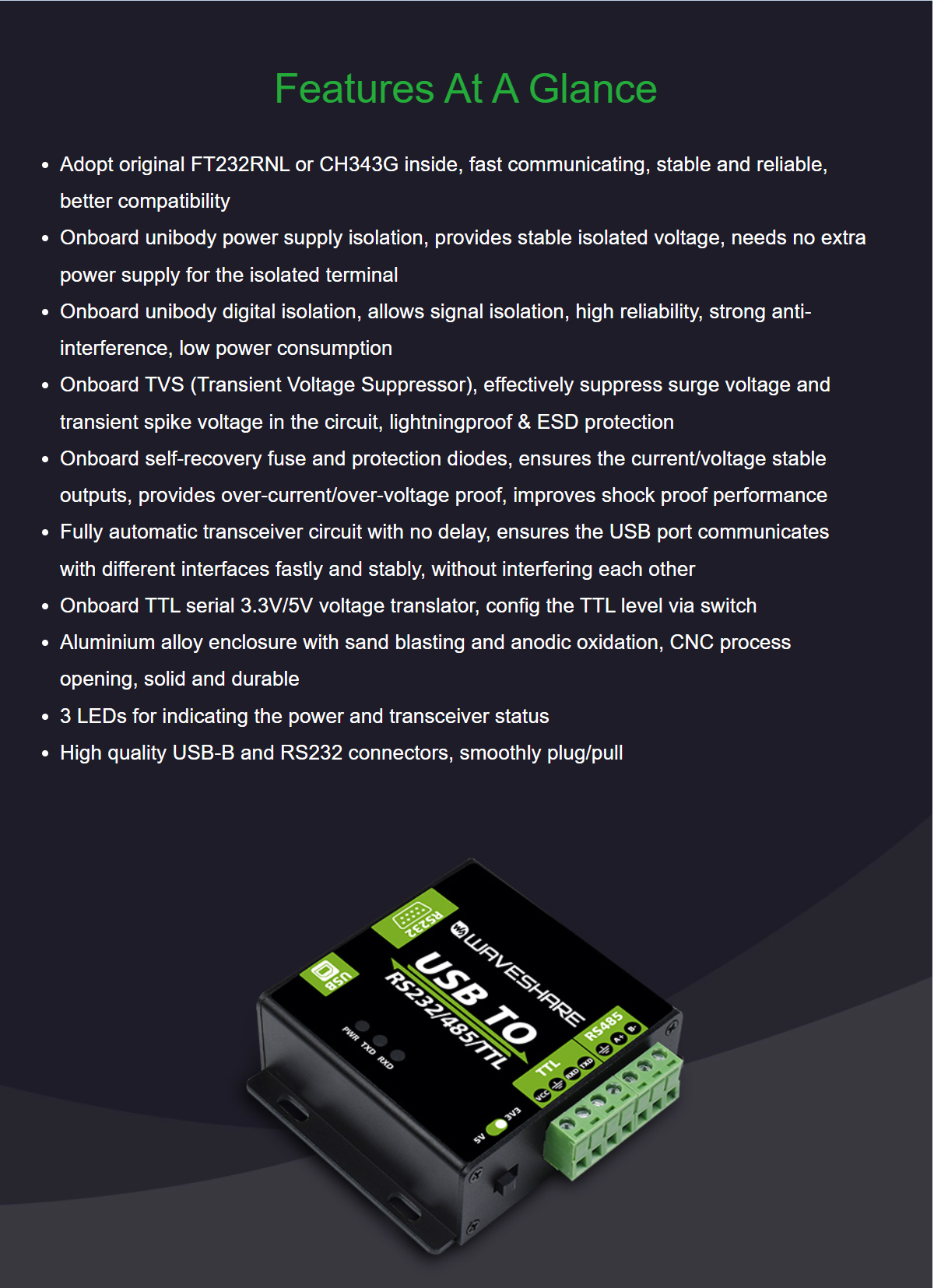 Waveshare FT232RNL/CH343G USB TO RS232/485/TTL Interface Convert