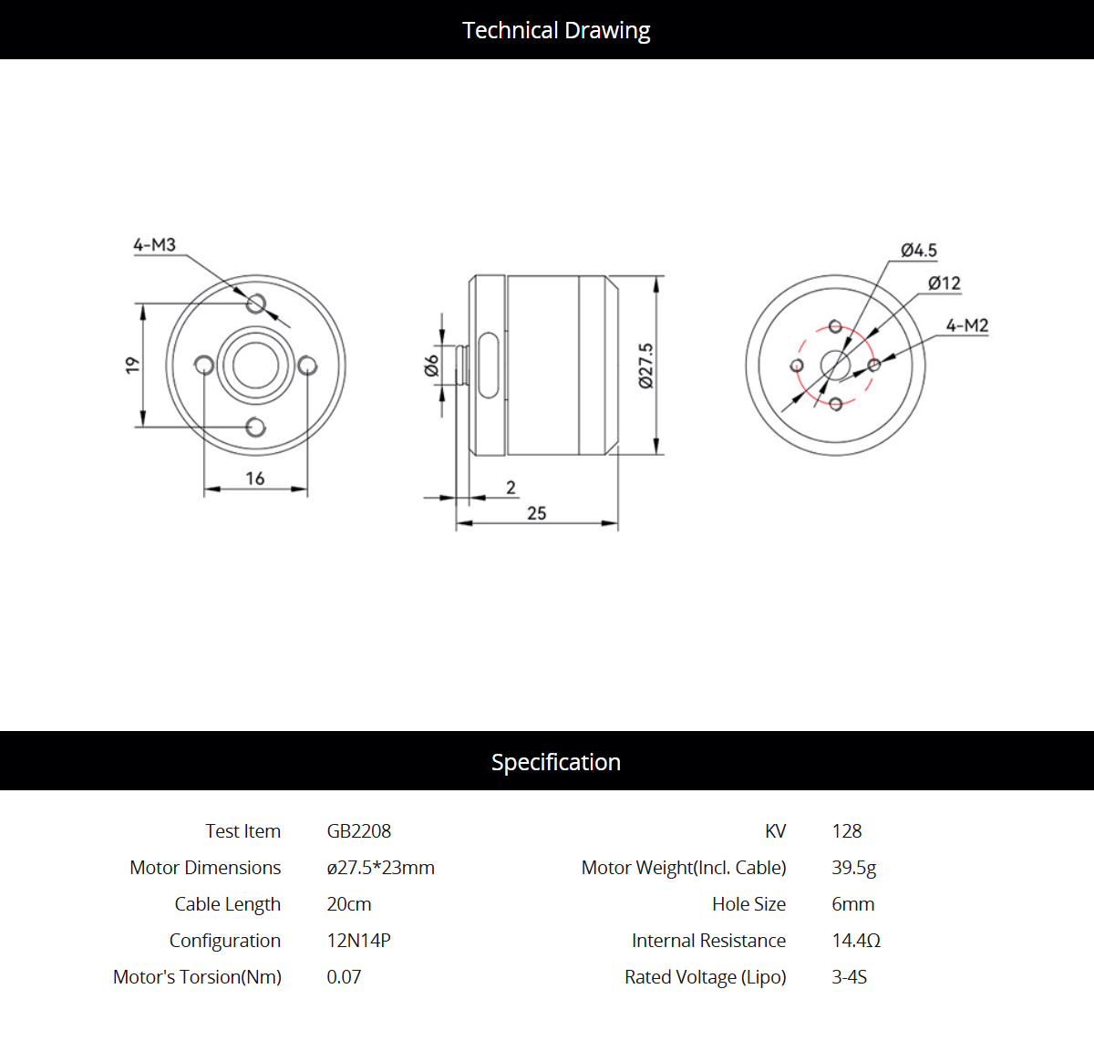 T-MOTOR GB2208 KV128 Brushless Gimbal Motor 3-4S