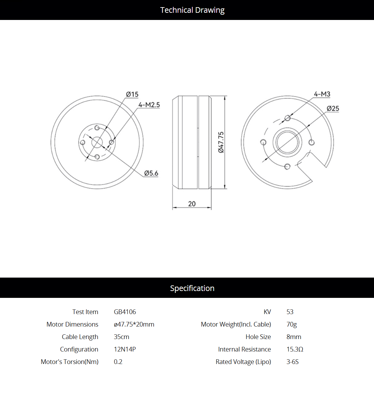 T-MOTOR GB4106 KV53 Brushless Gimbal Motor 3-6S High Precision Lightweight for 3 Axis Gimbal Camera