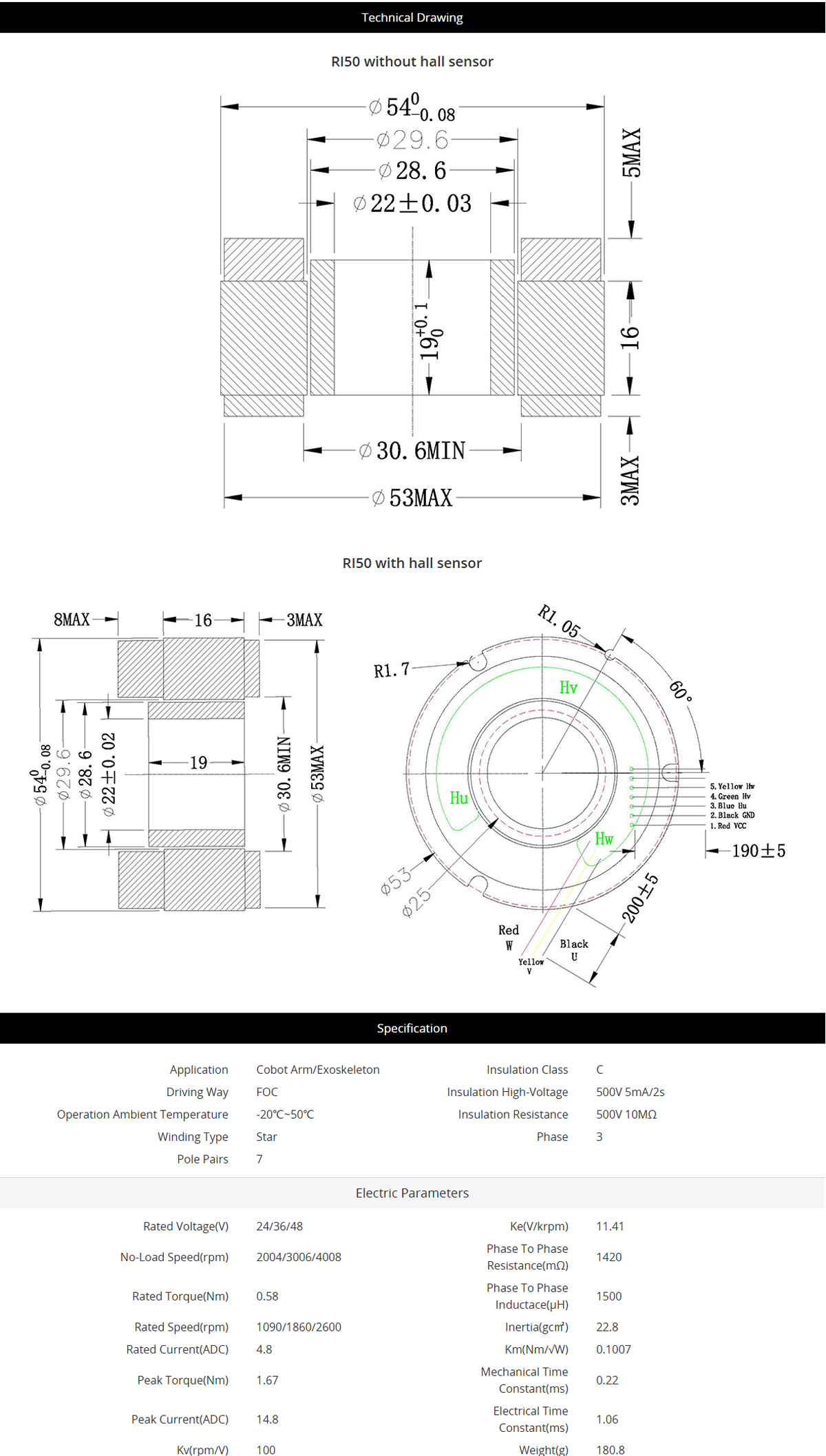 CubeMars RI50 KV100 Frameless Motor Low Cogging Torque Compact