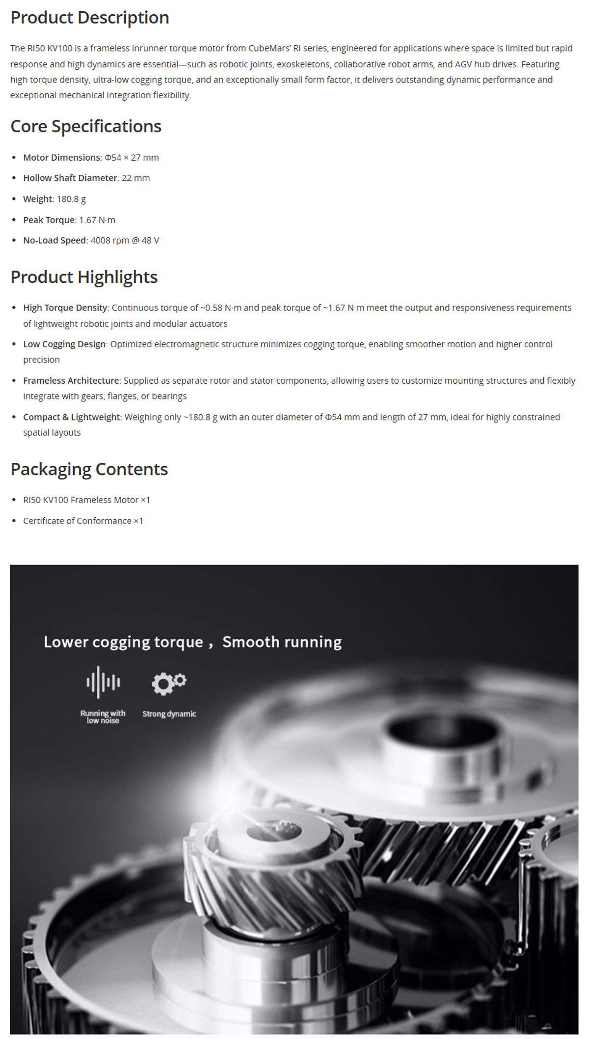 CubeMars RI50 KV100 Frameless Motor Low Cogging Torque Compact