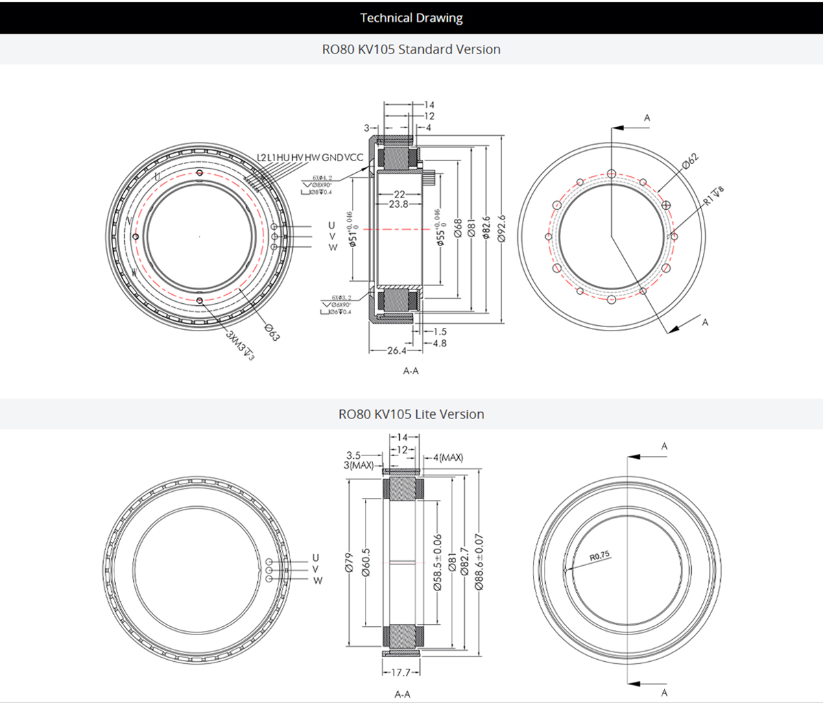 CubeMars RO80 KV105 Frameless Outrunner Hollow Bore Motor