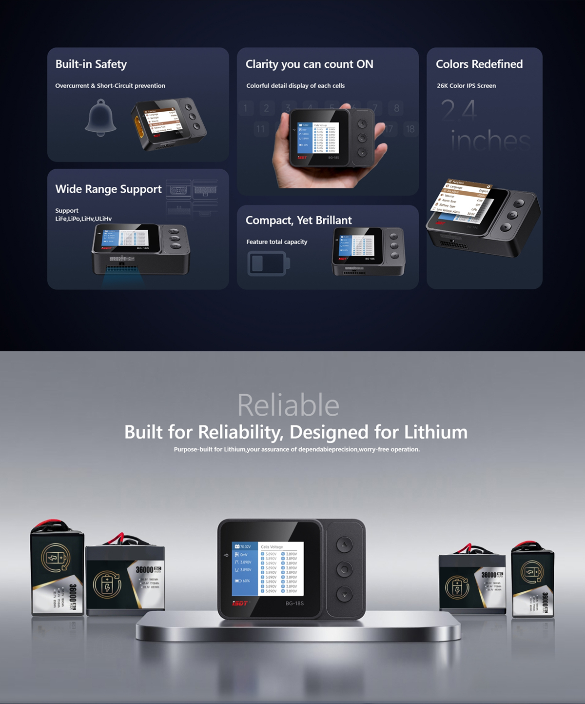 ISDT BG-18S Smart Battery LiPo Checker LCD Display 12-18S Battery Tester for LiFe LiPo LiHv ULiHv Battery