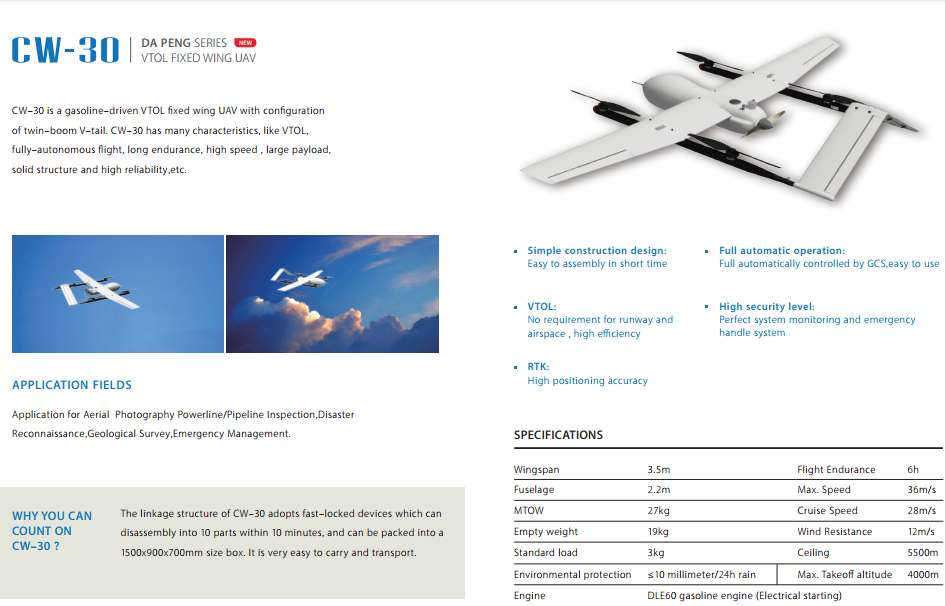 VOLT Fixed Wing Air Craft hybrid electric 6 - 8 hours flight time 